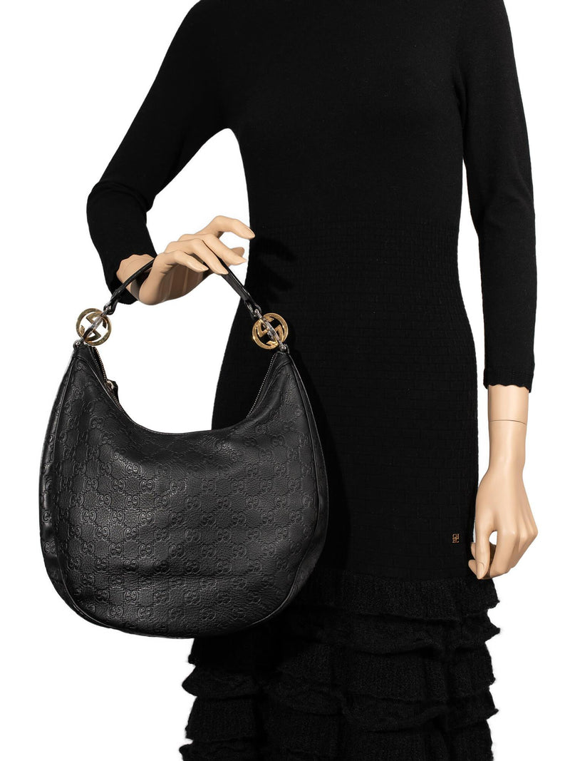 Gucci Leather GG Supreme Hobo Bag Black-designer resale