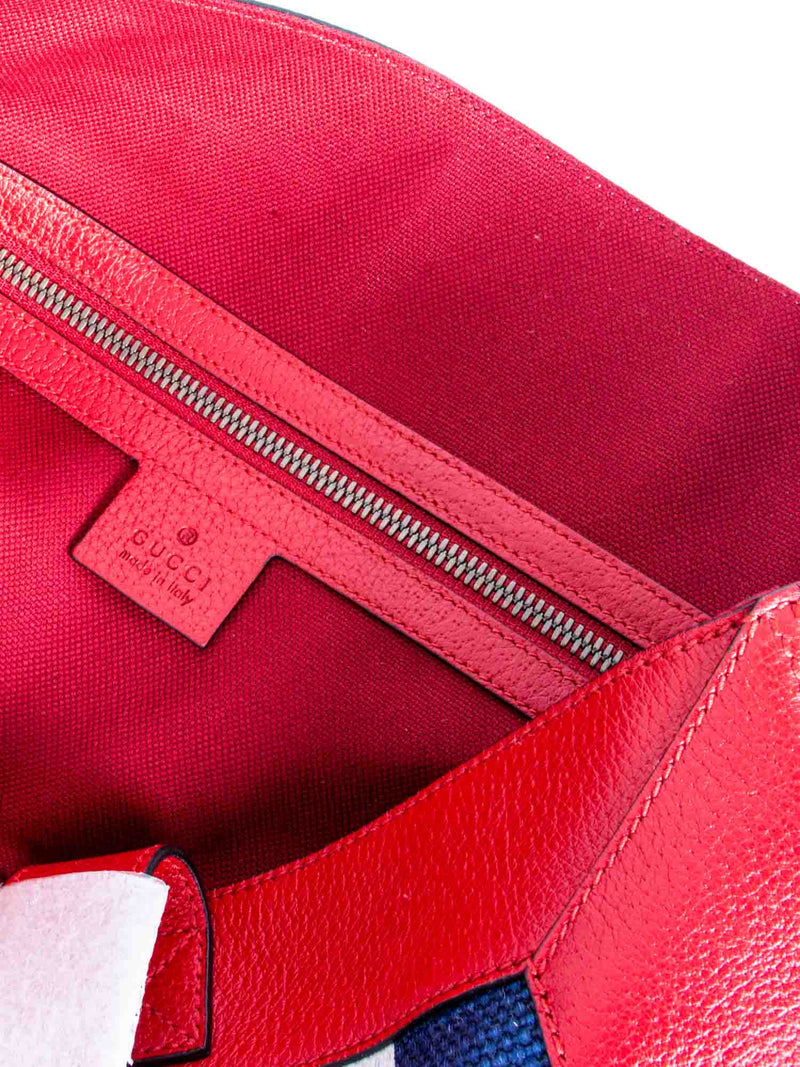Gucci Logo Striped Leather Canvas Tote Bag Red White Blue-designer resale