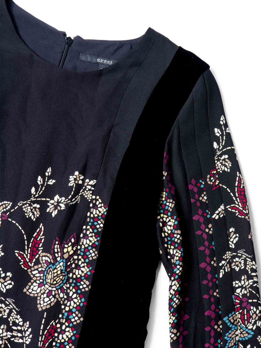 Gucci Silk Velvet Pleated Mosaic Print Dress Black