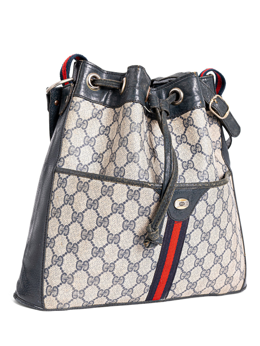 Gucci Vintage GG Supreme Web Stripe Boston Bucket Bag Blue
