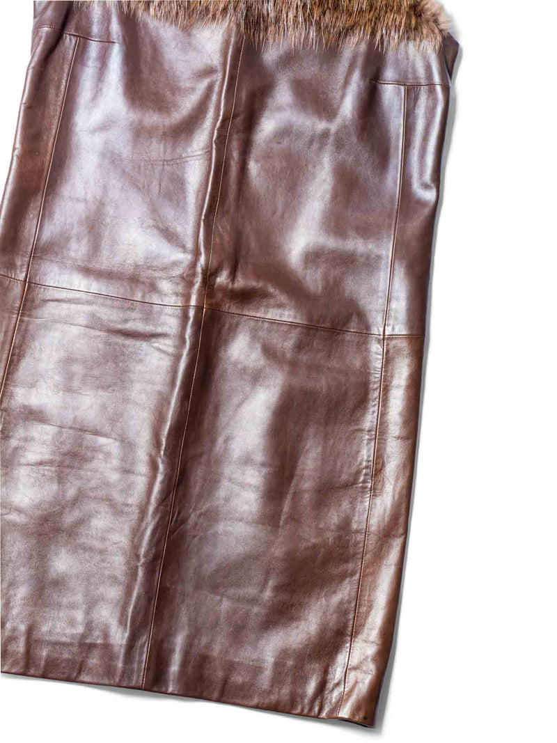 Gucci Vintage Leather Genuine Fur Mini Dress Brown Gold-designer resale