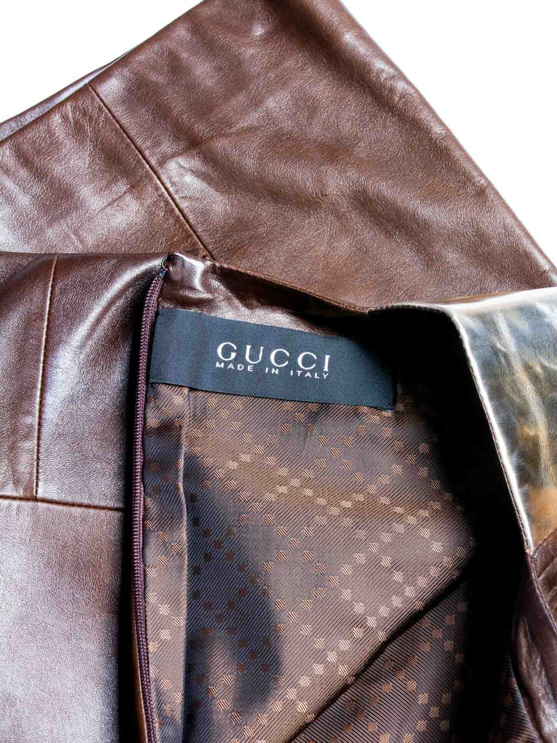 Gucci Vintage Leather Genuine Fur Mini Dress Brown Gold-designer resale