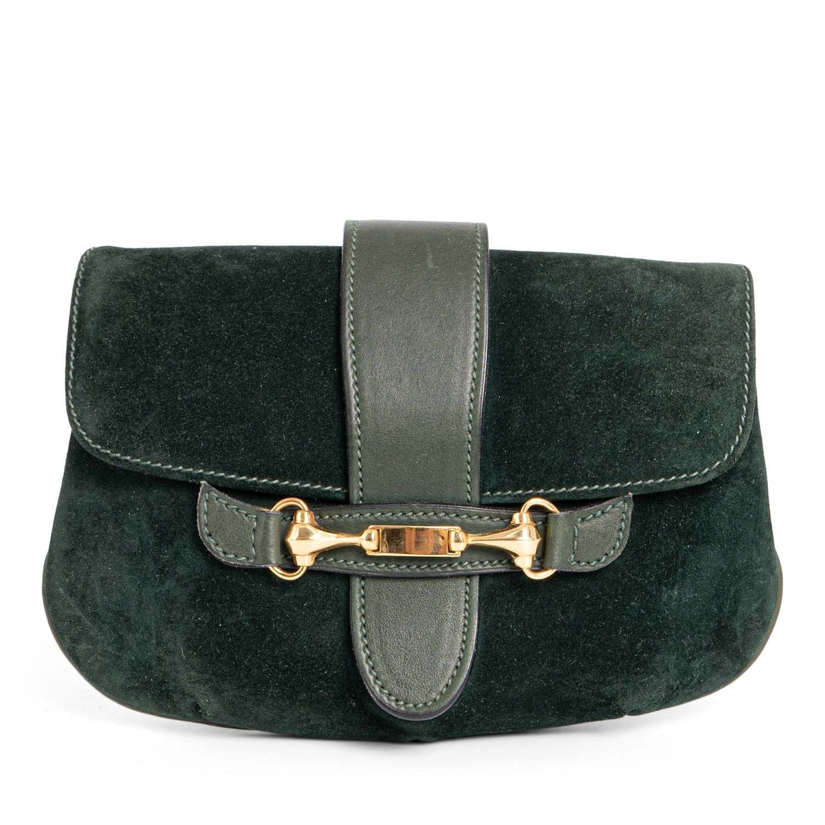 Gucci Vintage Suede Horsebit Flap Clutch Green