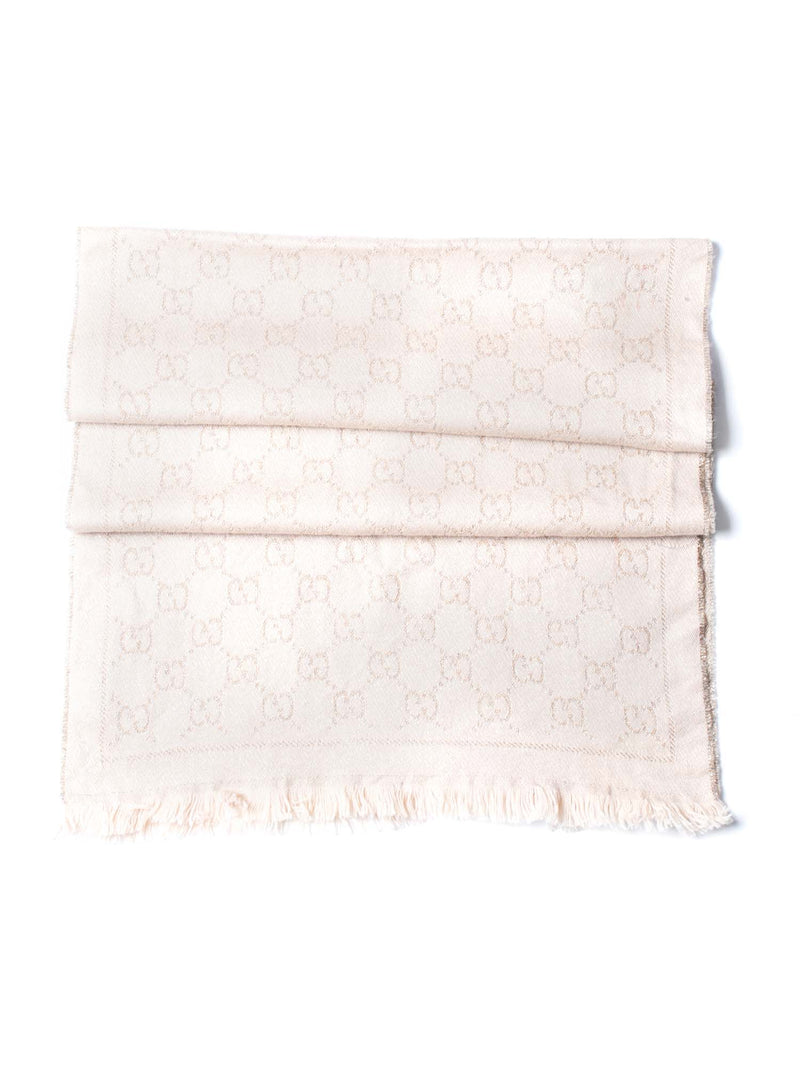 Gucci Wool GG Supreme Monogram Fringe Scarf Taupe-designer resale