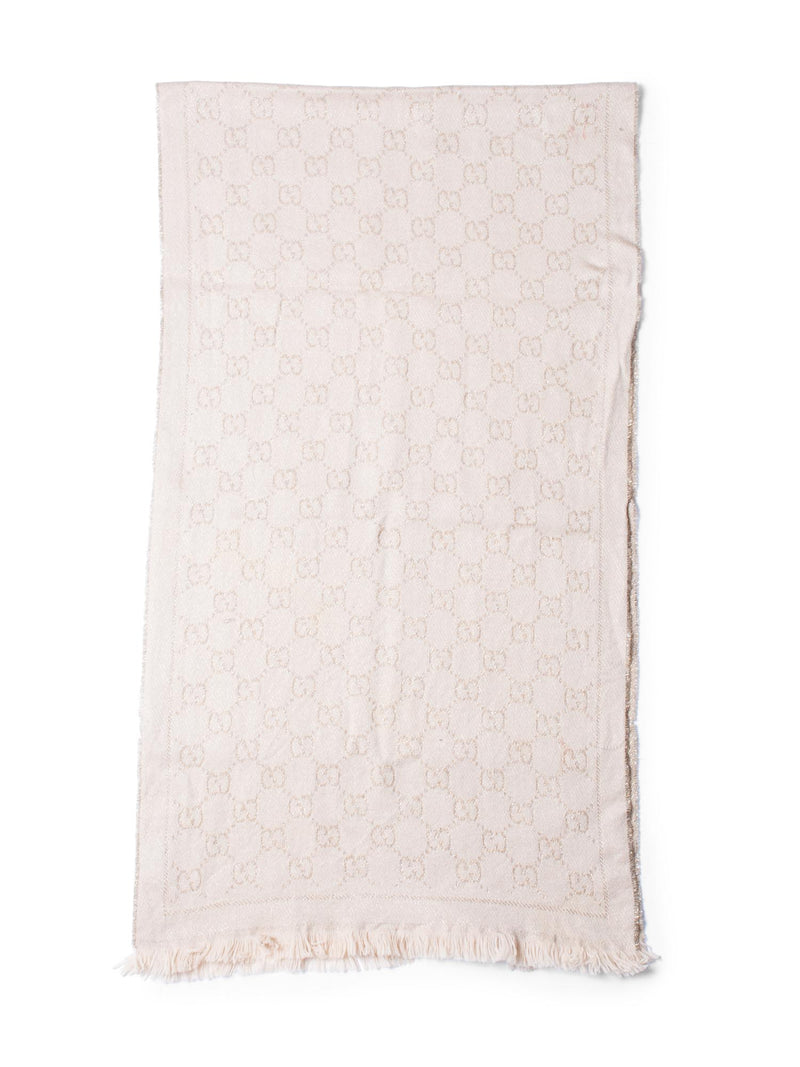 Gucci Wool GG Supreme Monogram Fringe Scarf Taupe-designer resale