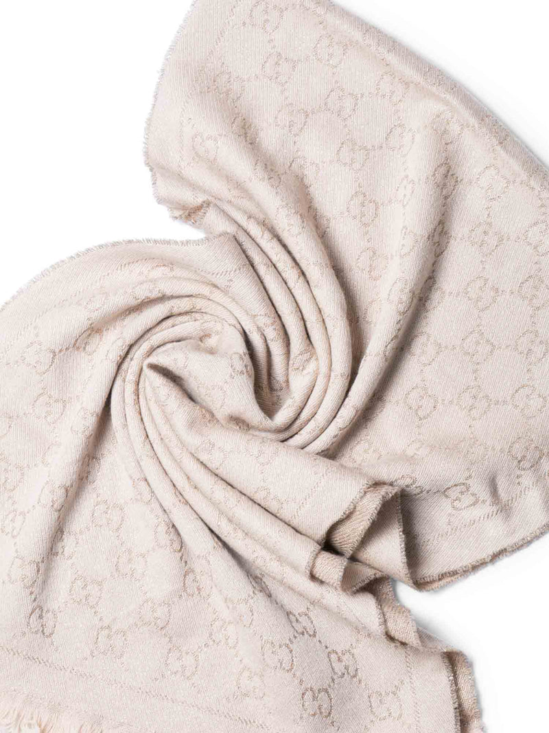 Gucci Wool GG Supreme Monogram Fringe Scarf Taupe-designer resale