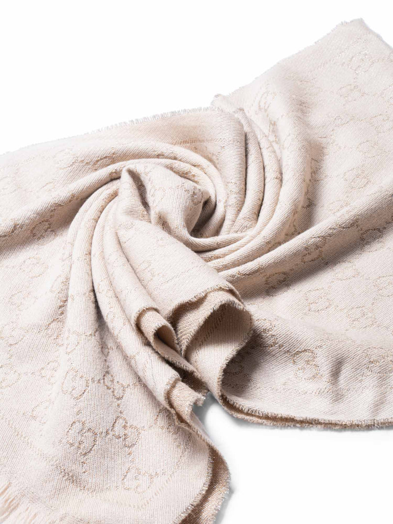 Gucci Wool GG Supreme Monogram Fringe Scarf Taupe-designer resale