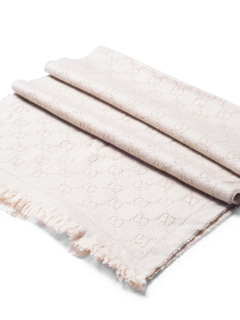 Gucci Wool GG Supreme Monogram Fringe Scarf Taupe-designer resale