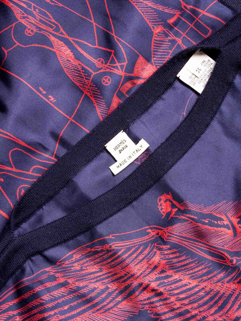Hermes Cashmere Silk Horse Print Dress Navy Red-designer resale