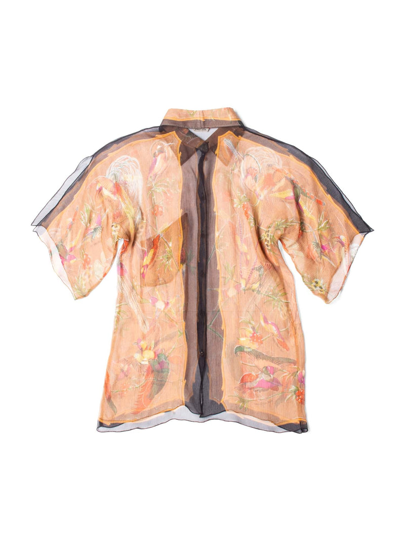 Hermes Signed Chiffon Floral Bird Short Sleeve Blouse Brown-designer resale