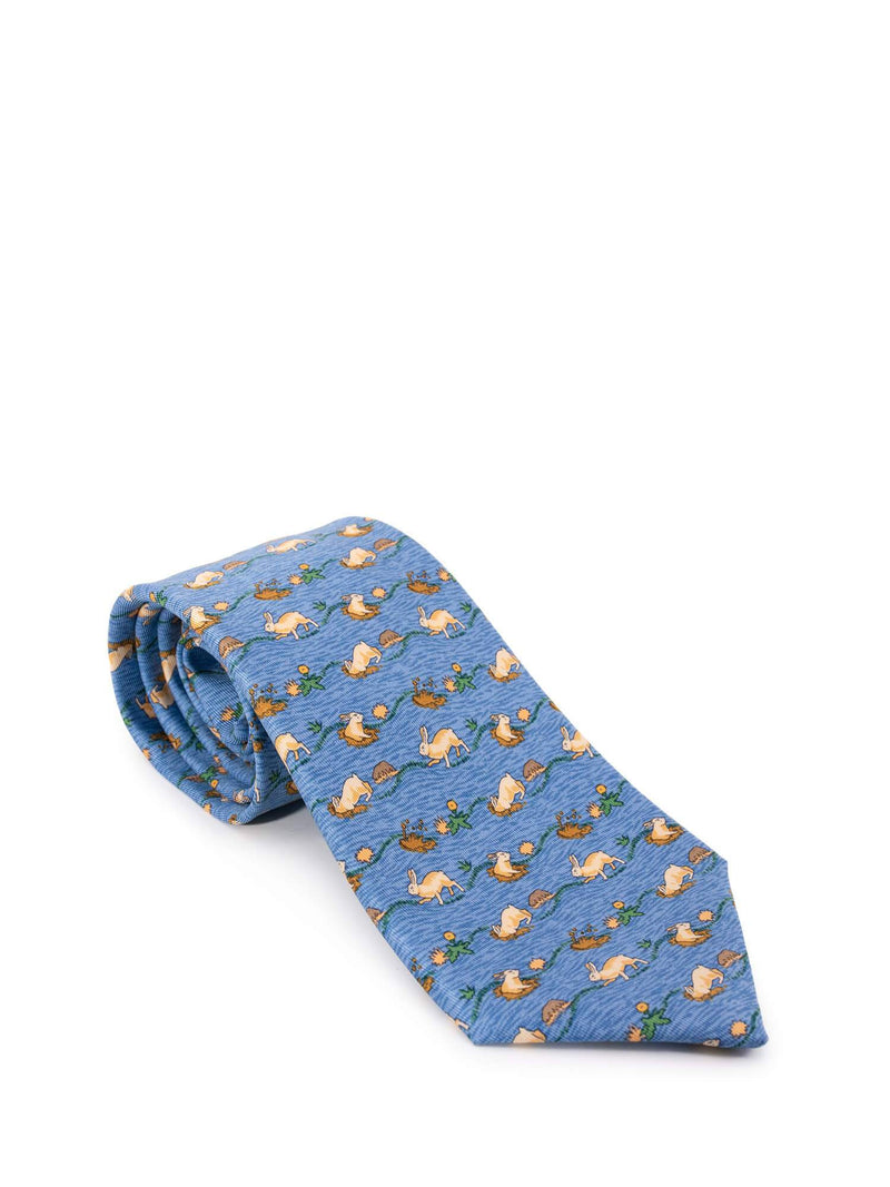 Hermes Silk Burrowing Bunny Tie Blue-designer resale