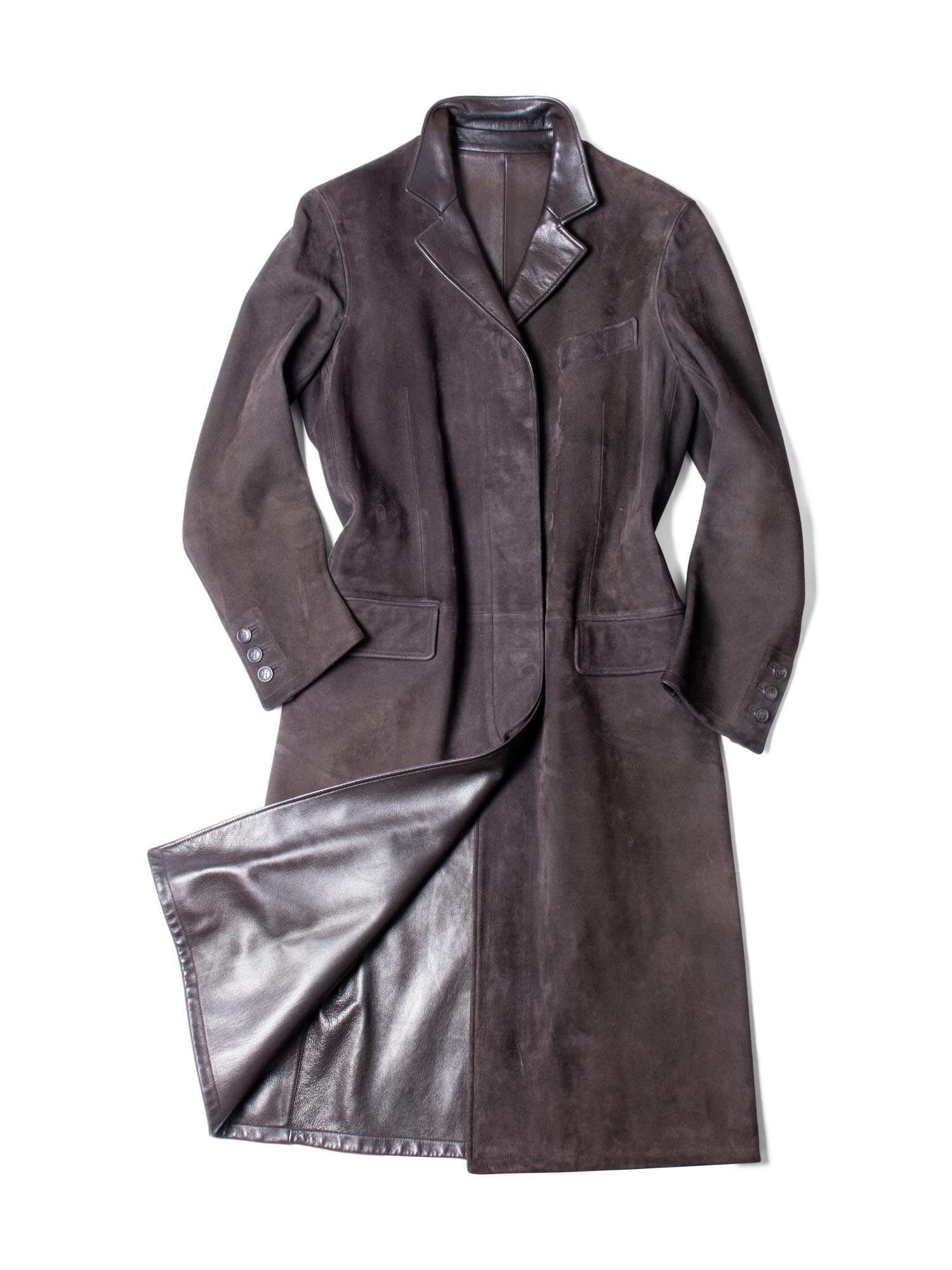 Hermes Suede Leather A-Line Fitted Coat Brown-designer resale