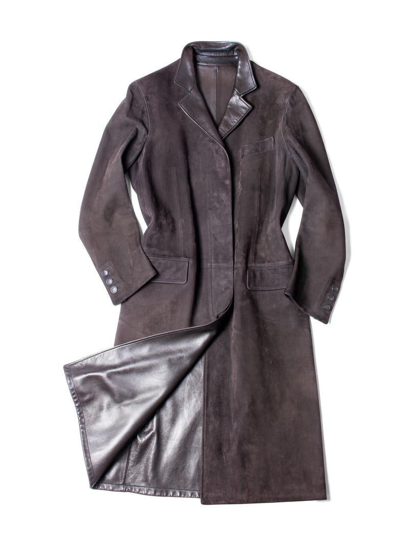 Hermes Suede Leather A-Line Fitted Coat Brown-designer resale