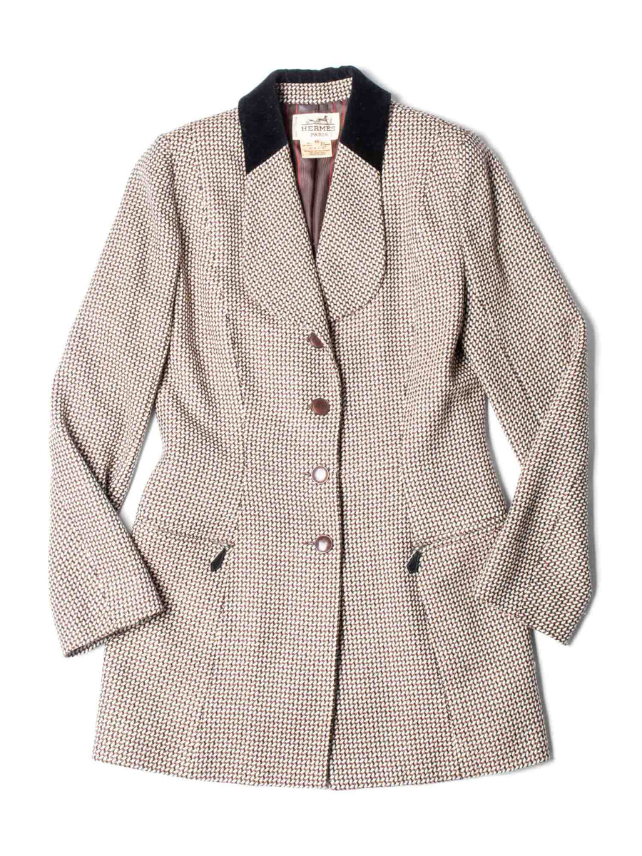Hermes Vintage H Logo Houndstooth Fitted Equestrian Jacket Brown