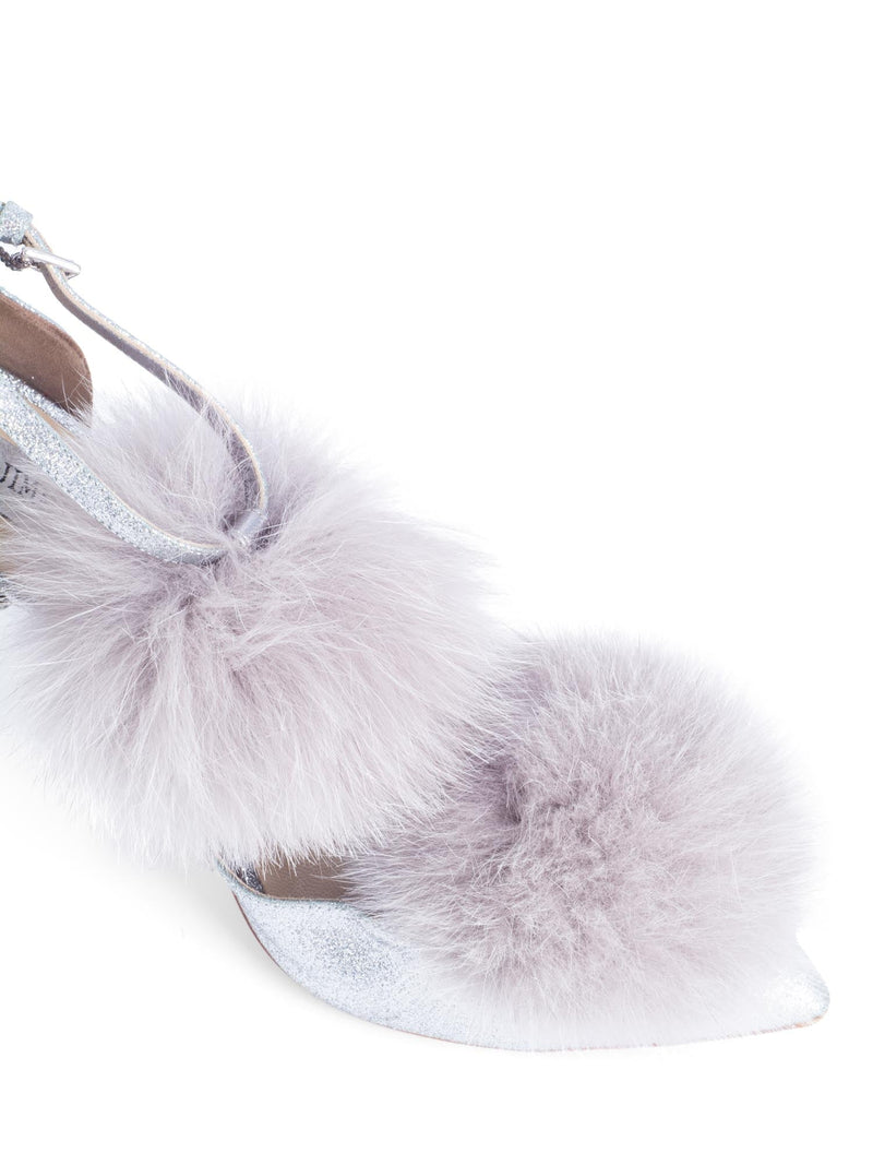 Jimmy Choo Glitter Pom Pom Fur Pumps Silver-designer resale