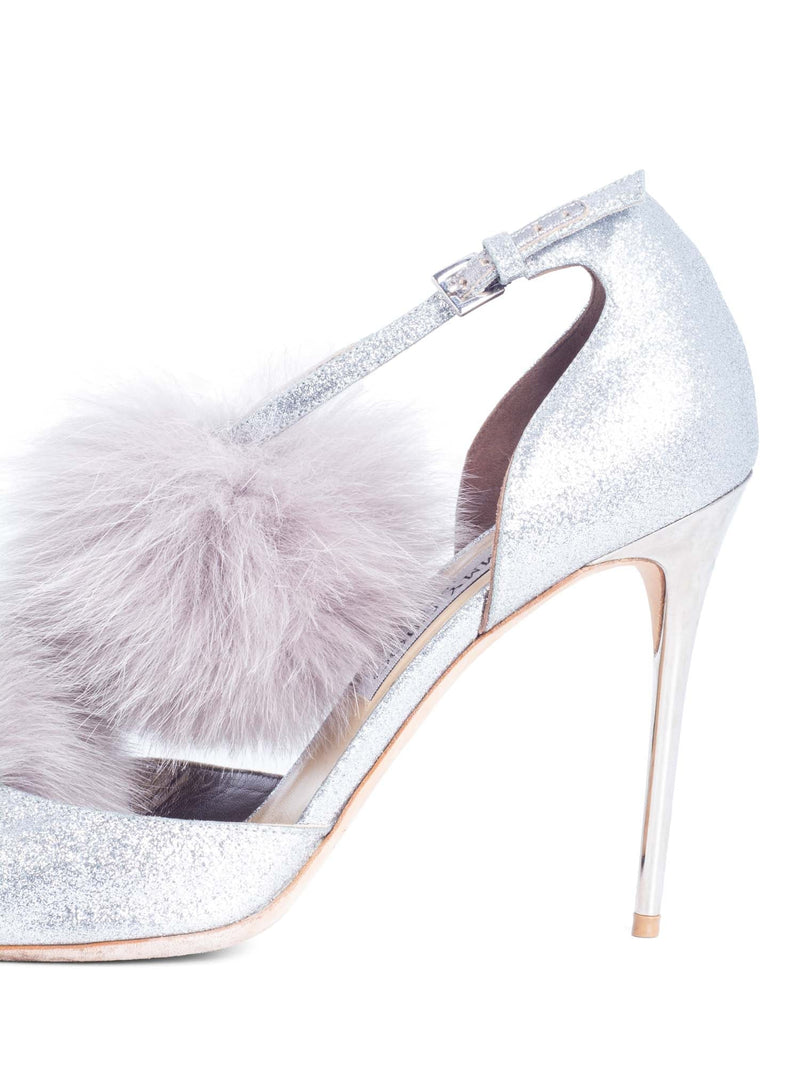 Jimmy Choo Glitter Pom Pom Fur Pumps Silver-designer resale