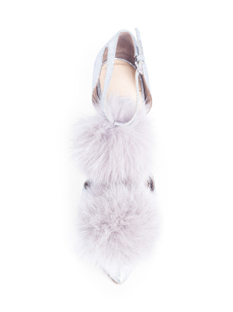 Jimmy Choo Glitter Pom Pom Fur Pumps Silver-designer resale