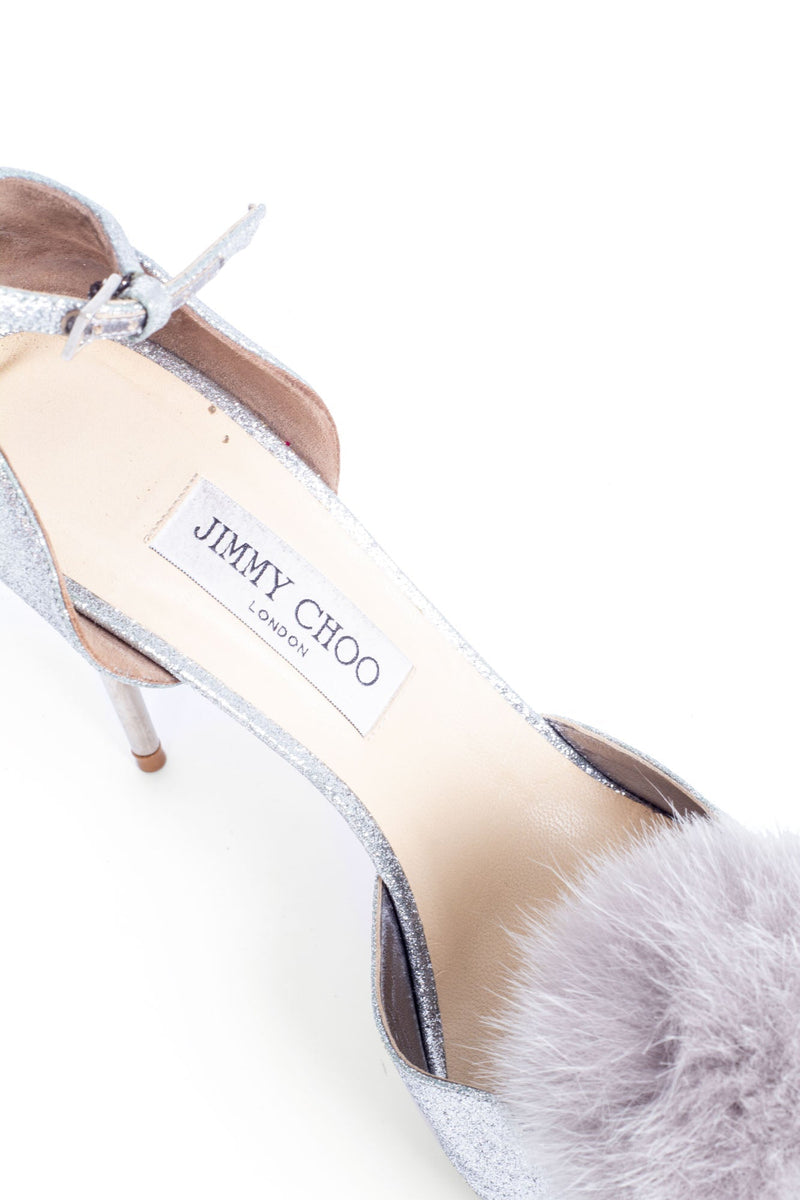 Jimmy Choo Glitter Pom Pom Fur Pumps Silver-designer resale