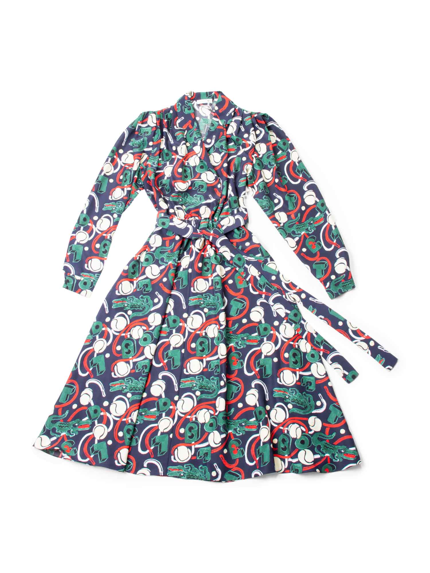 Lacoste Runway Crocodile Print Belted Maxi Dress Navy-designer resale