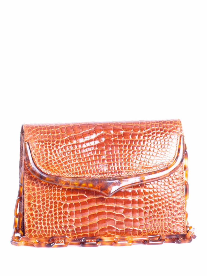Lana Marks Shiny Crocodile Tortoiseshell Flap Messenger Bag Cognac-designer resale