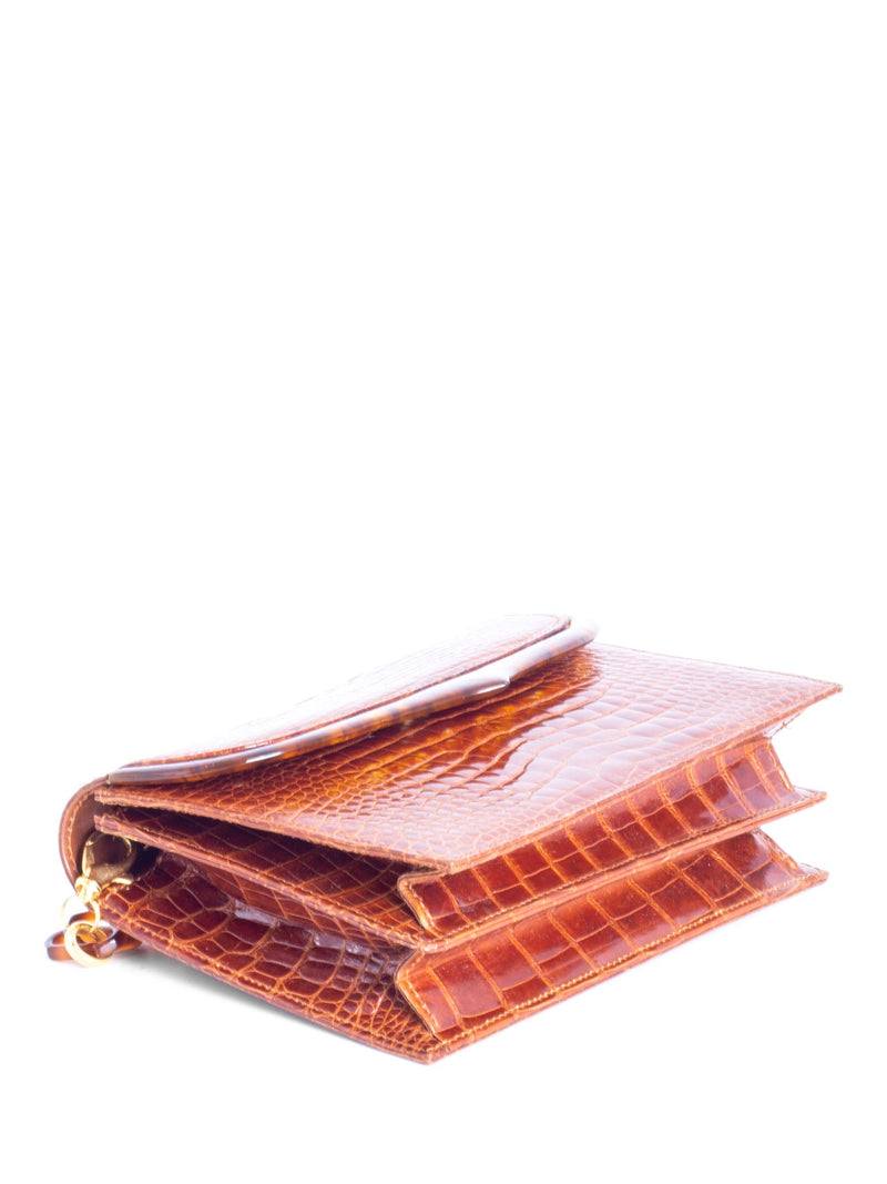 Lana Marks Shiny Crocodile Tortoiseshell Flap Messenger Bag Cognac-designer resale