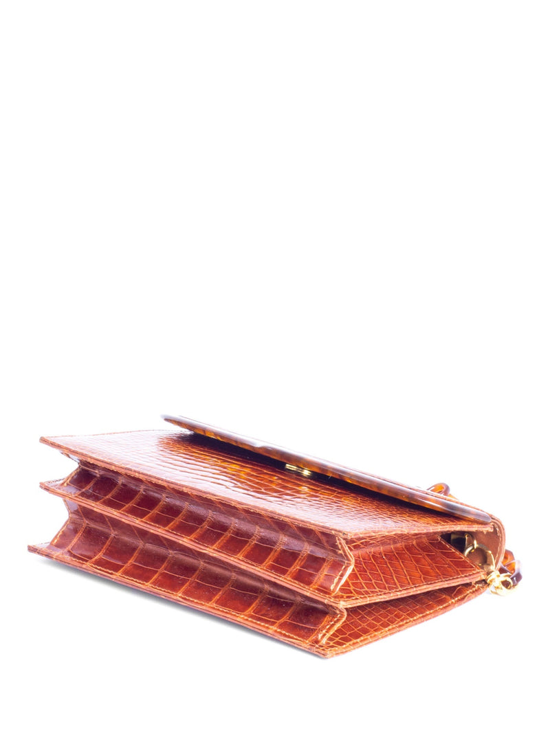 Lana Marks Shiny Crocodile Tortoiseshell Flap Messenger Bag Cognac-designer resale
