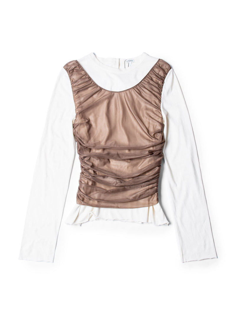 Loewe Cotton Chiffon Layered Long Sleeve Top Brown Ivory-designer resale