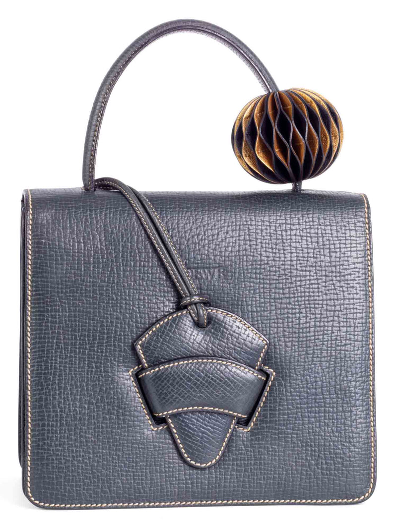 Loewe Pebble Leather Top Handle Flap Bag Navy Blue-designer resale