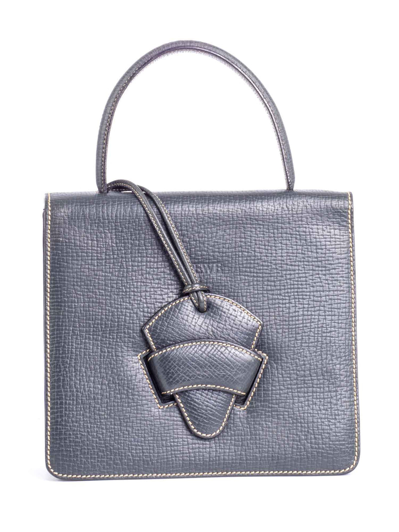 Loewe Pebble Leather Top Handle Flap Bag Navy Blue-designer resale