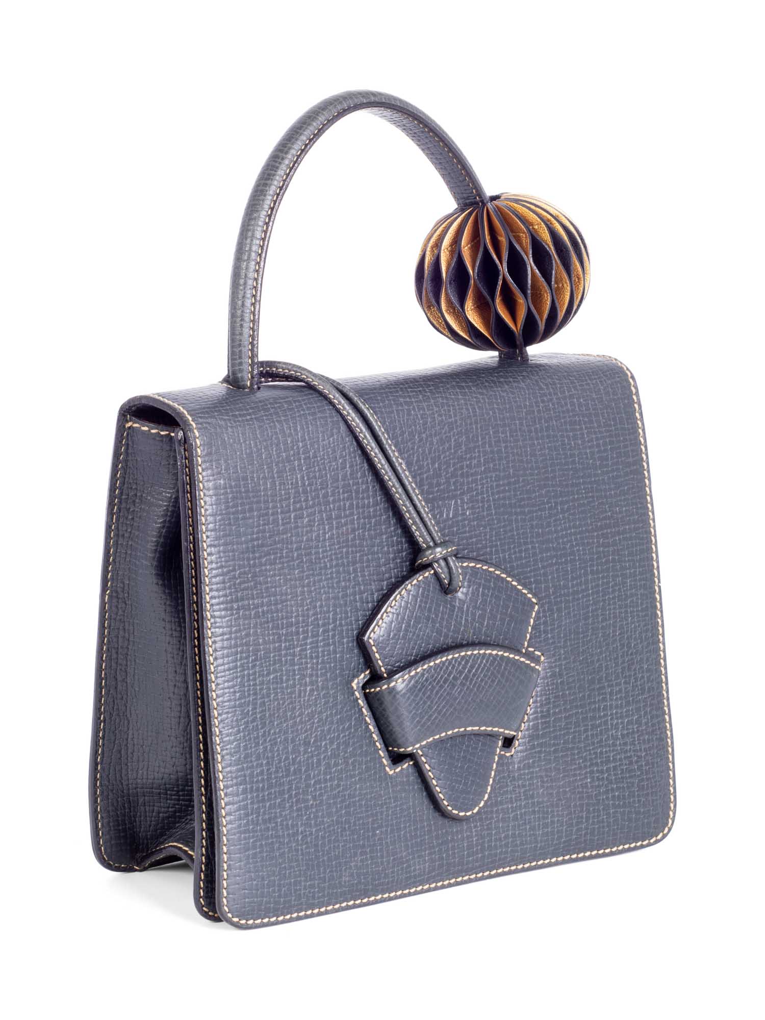 Loewe Pebble Leather Top Handle Flap Bag Navy Blue-designer resale