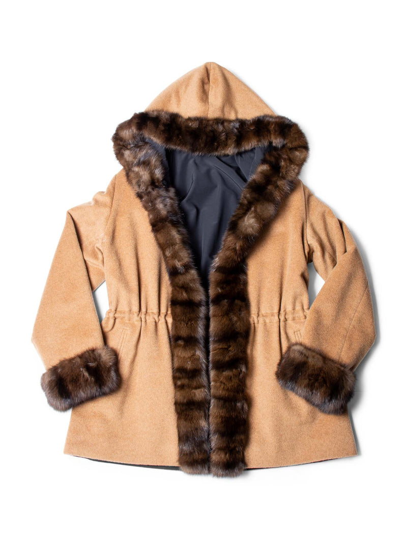 Loro Piana Nylon Cashmere Sable Fur Reversible Coat Hood Black Brown-designer resale