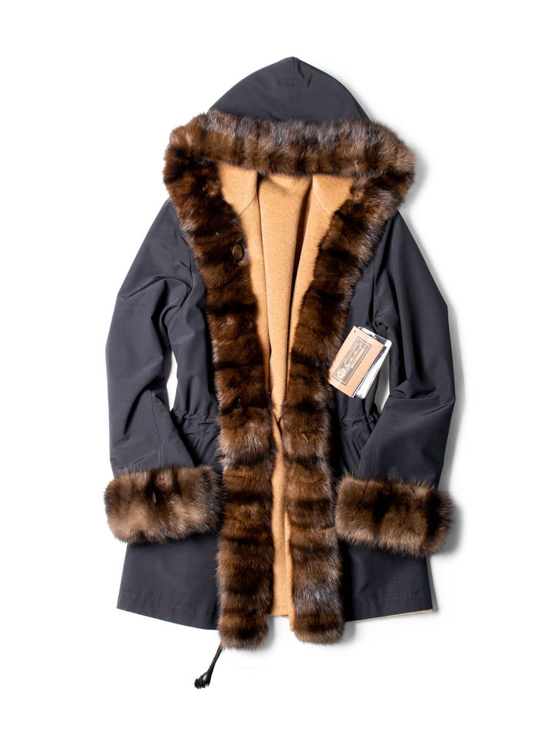 Loro Piana Nylon Cashmere Sable Fur Reversible Coat Hood Black Brown-designer resale