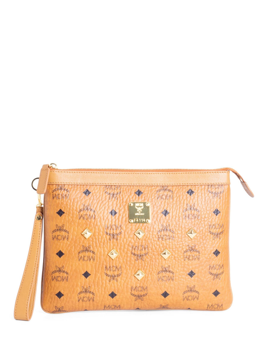 MCM Visetos Wristlet Zip Pouch Cognac