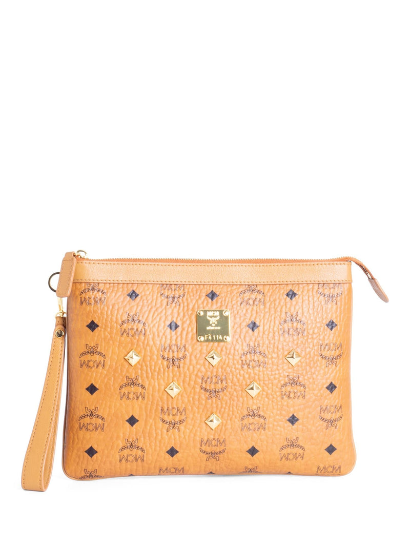 MCM Visetos Wristlet Zip Pouch Cognac-designer resale