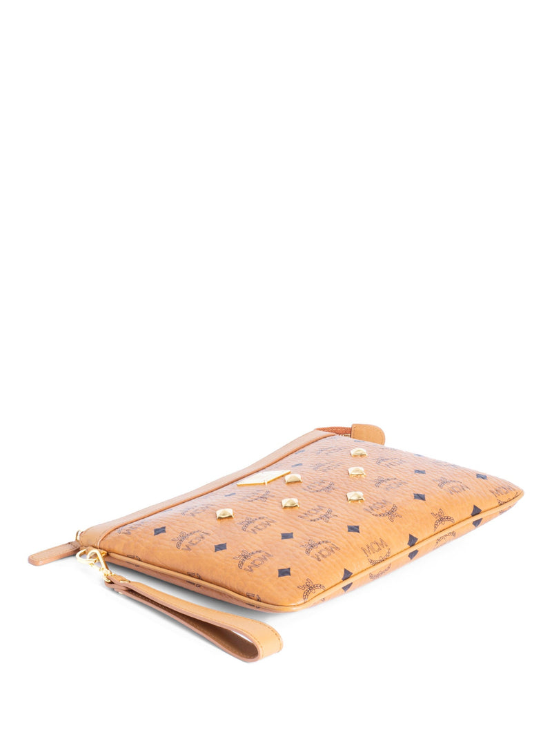 MCM Visetos Wristlet Zip Pouch Cognac-designer resale