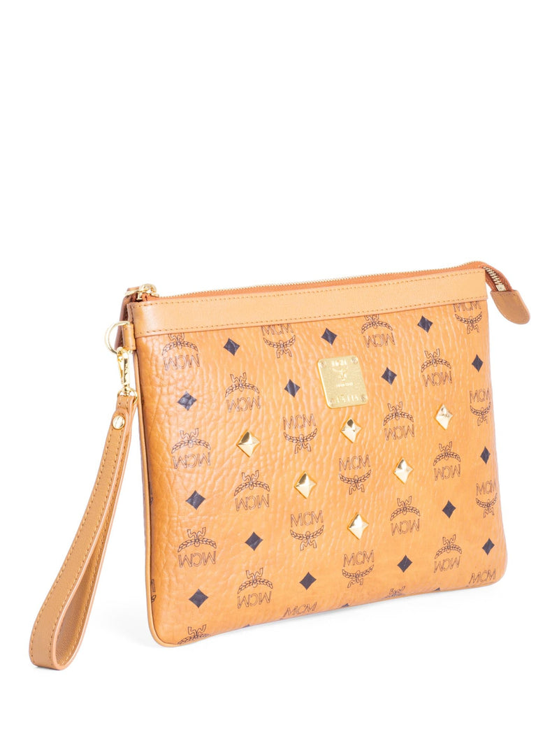 MCM Visetos Wristlet Zip Pouch Cognac-designer resale