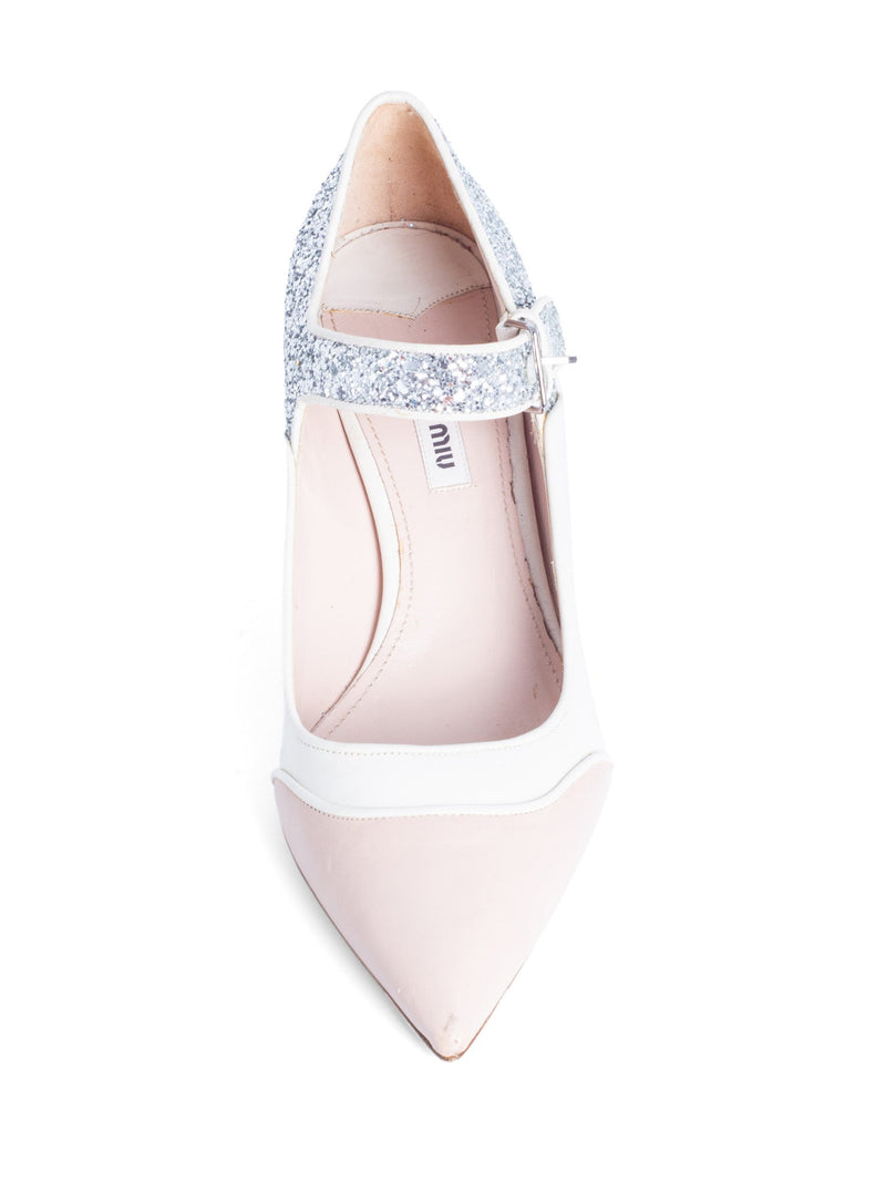 Miu Miu Leather Glitter Mary Jane Kitten Heels White Silver-designer resale
