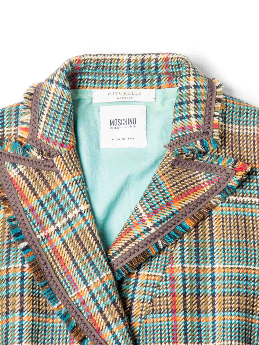 Moschino Wool Plaid Houndstooth Fringe Fitted Jacket Multicolor