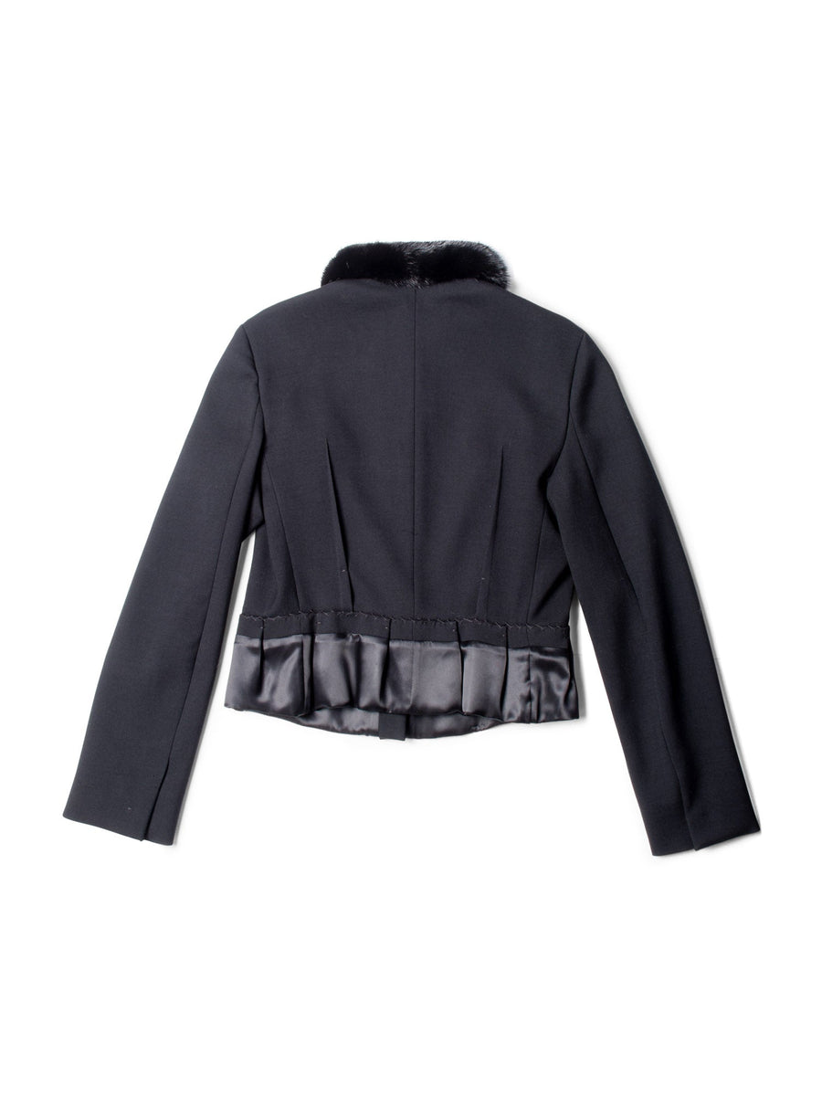 Prada Genuine Mink Fur Collar Wool Fitted Jacket Black