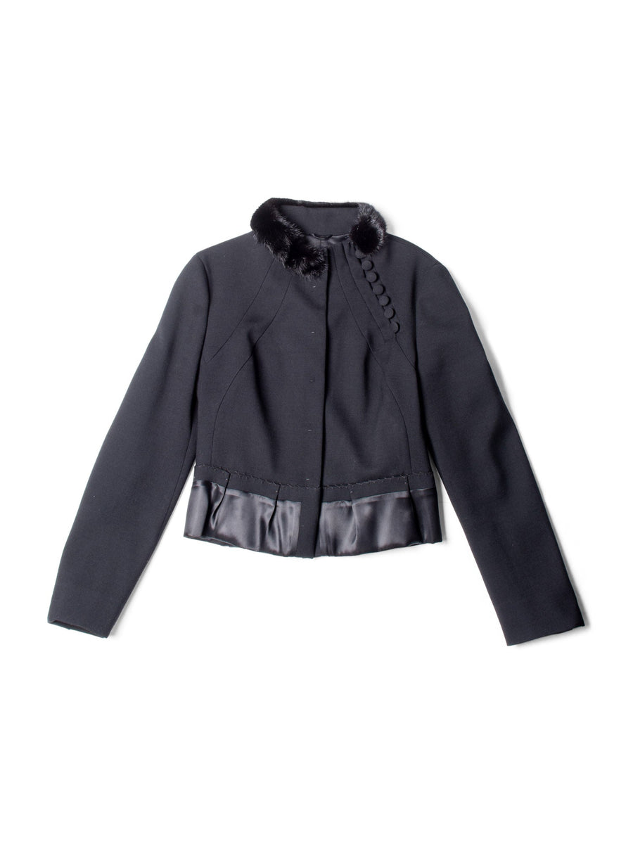 Prada Genuine Mink Fur Collar Wool Fitted Jacket Black