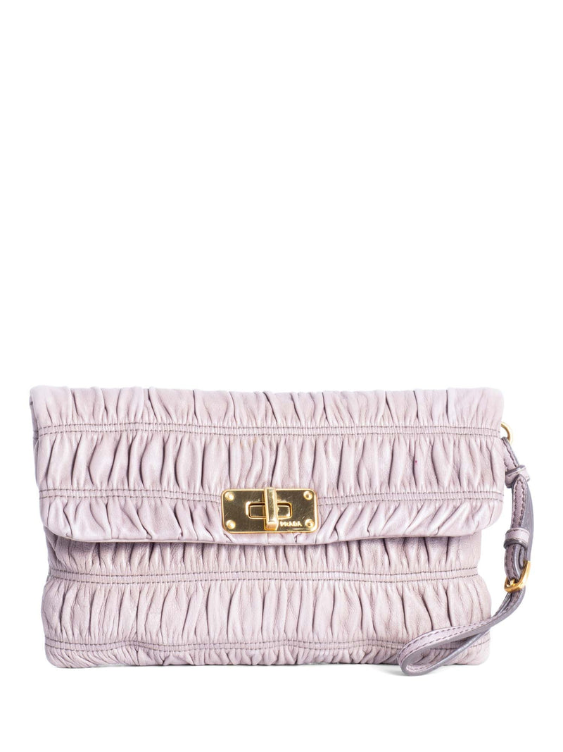 Prada Leather Gaufre Ruched Clutch Taupe-designer resale