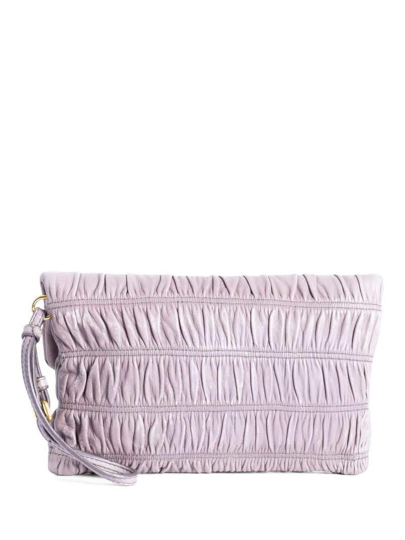 Prada Leather Gaufre Ruched Clutch Taupe-designer resale