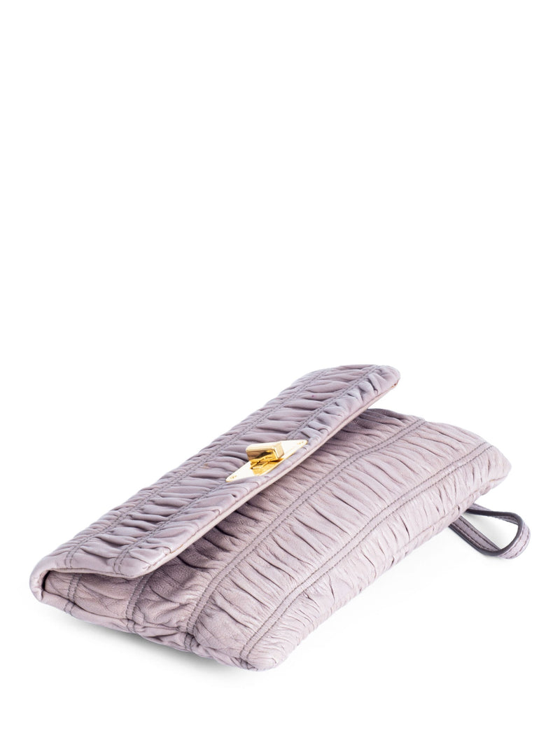 Prada Leather Gaufre Ruched Clutch Taupe-designer resale