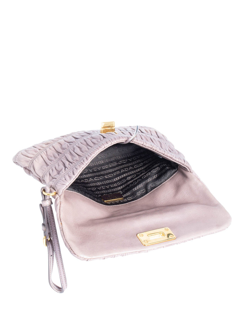 Prada Leather Gaufre Ruched Clutch Taupe-designer resale
