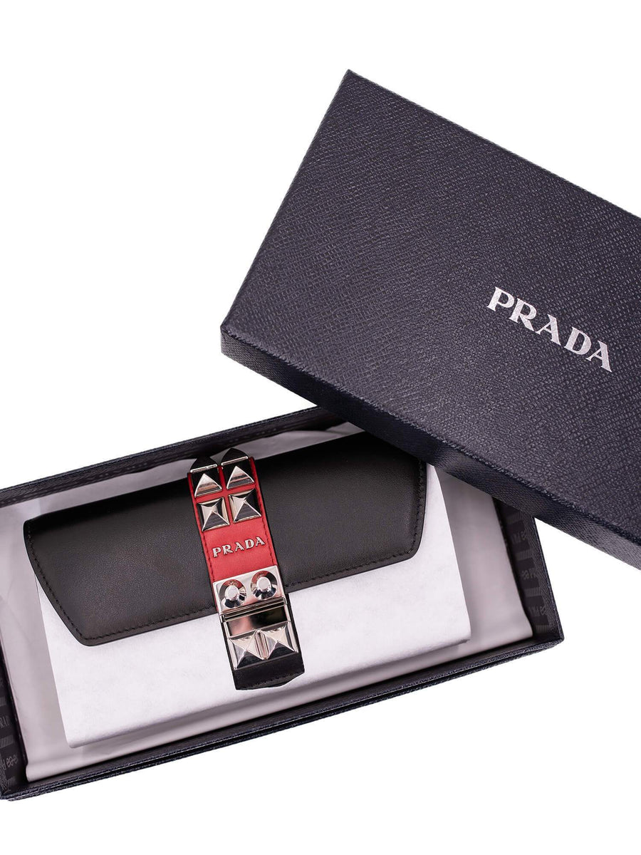 【関税&送料込】Prada Studded Leather French Wallet PRADA Long Wallet Black Saffiano Leather studded Limited