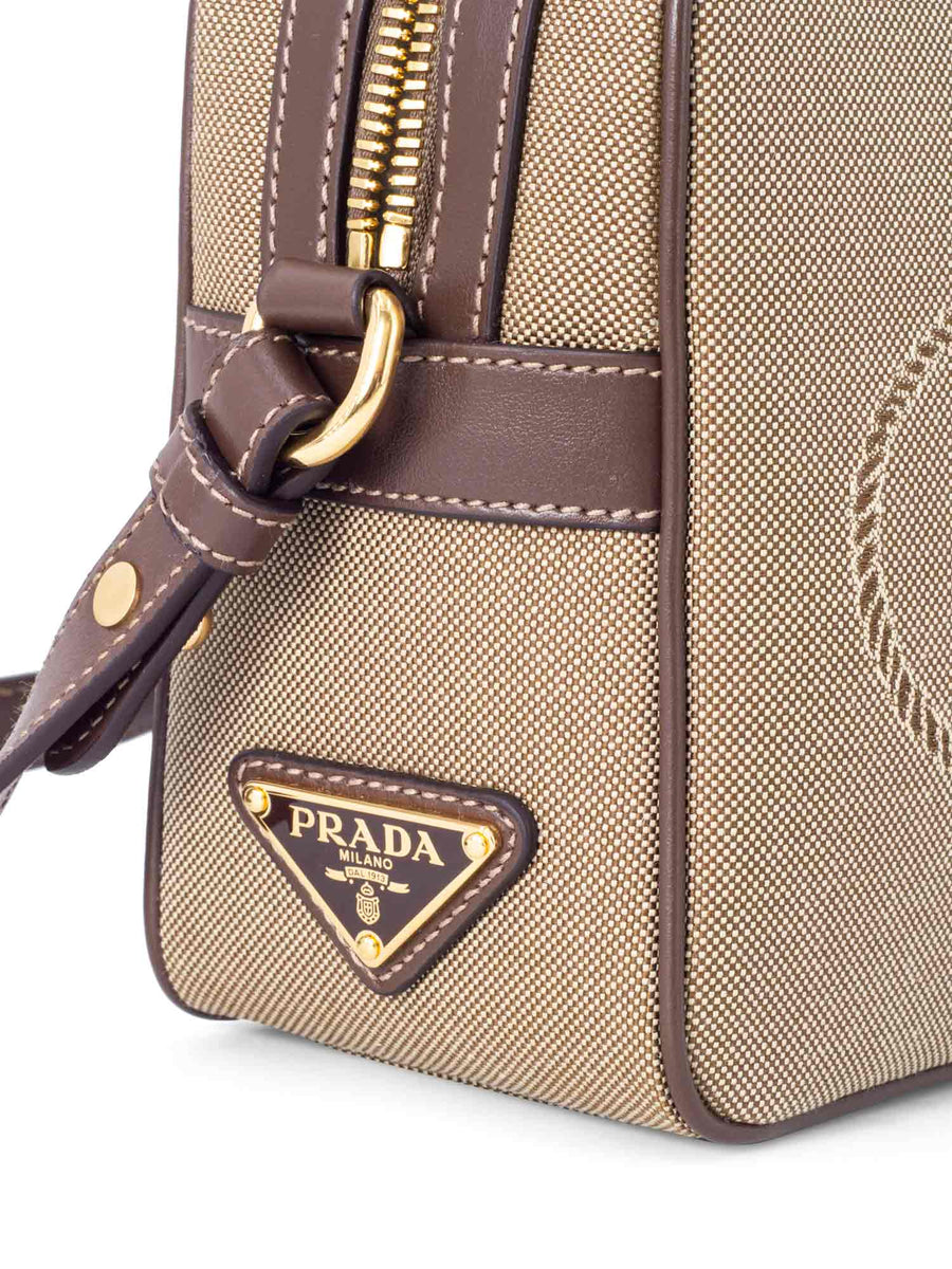 Prada Logo Leather Canvas Heritage Messenger Bag Brown