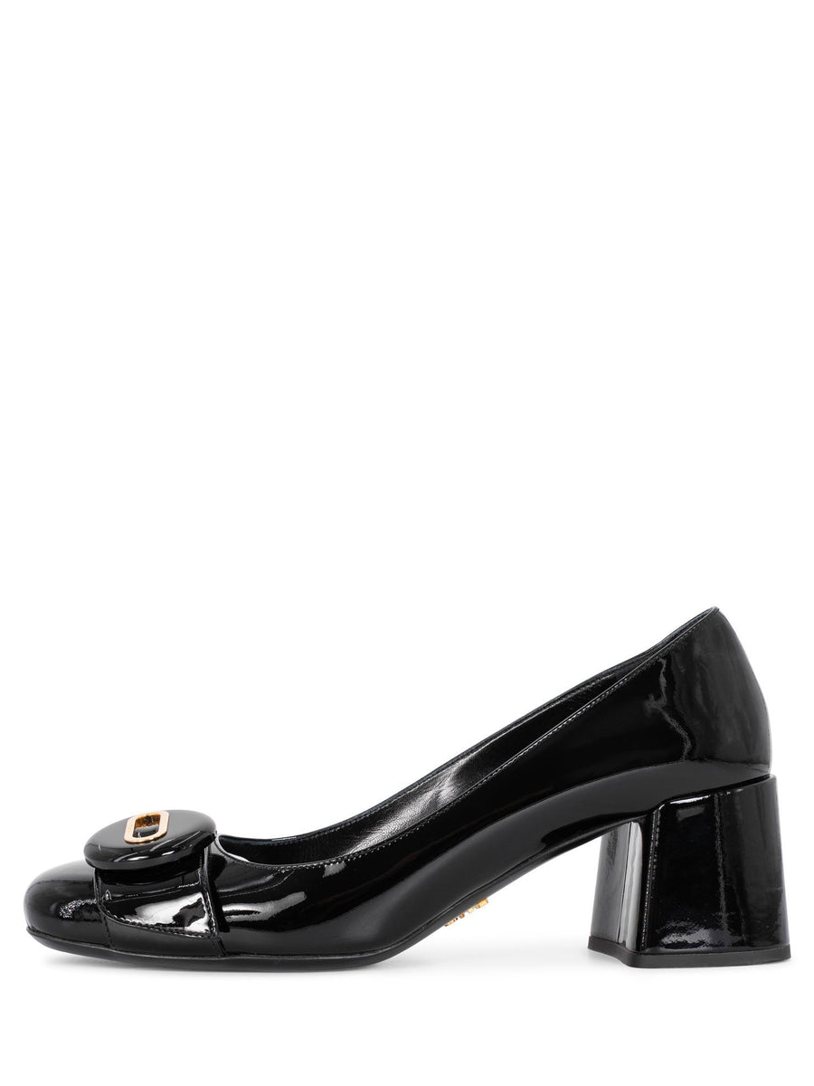 Prada Logo Patent Leather Block Heel Shoes Black