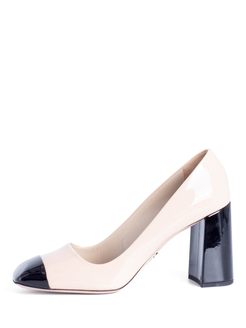 Prada Patent Leather Cap Toe Block Heels Nude Black-designer resale