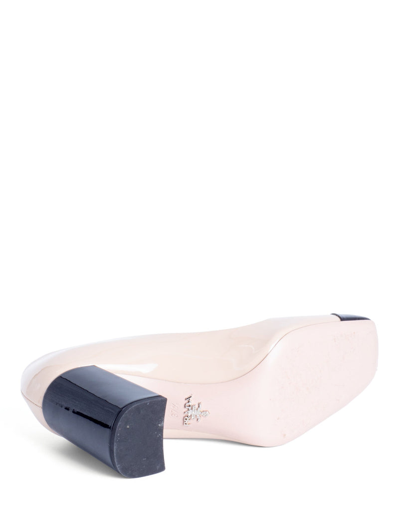 Prada Patent Leather Cap Toe Block Heels Nude Black-designer resale