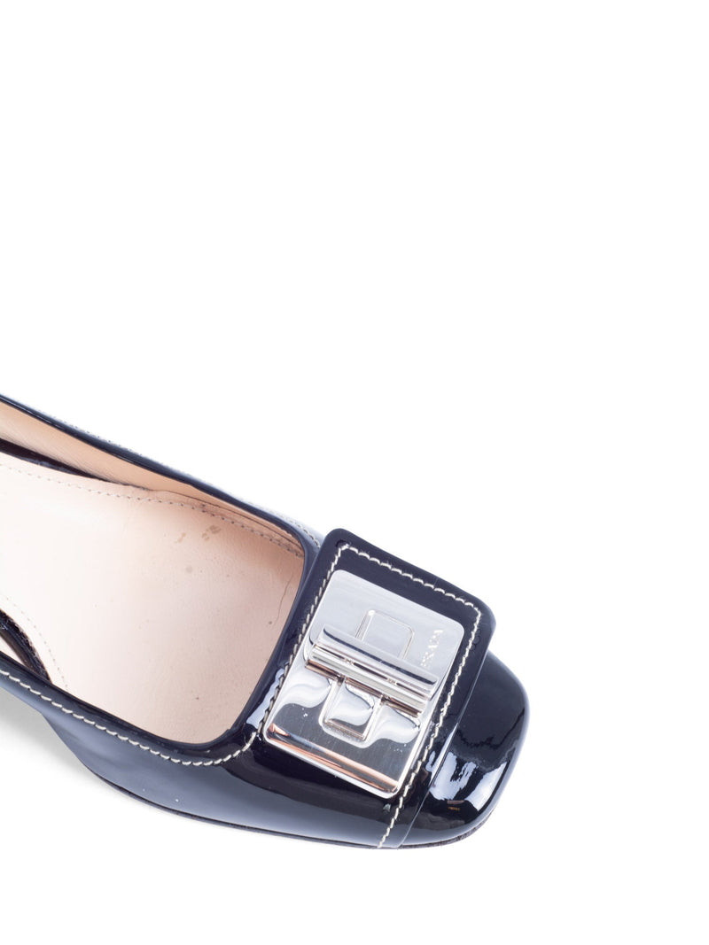 Prada Patent Leather Turnlock Buckle Logo Block Heel Shoes Black-designer resale